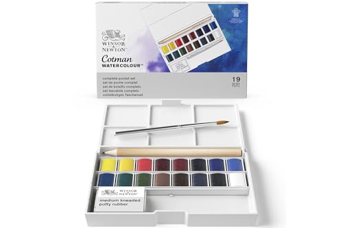 Winsor & Newton Cotman Watercolor Paint Set, Complete Pocket Set, 16 Half Pan w/ Brush, Eraser, Mixing Palette