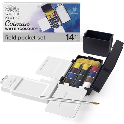 Winsor & Newton Cotman Watercolor Paint Set, Field Pocket Set, 12 Half Pan w/ Brush, Sponge, Bottle