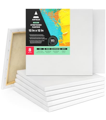 ARTEZA Stretched Canvas, 12 x 12 Inches, Pack of 8, Blank White Square Canvas for Painting for Acrylic, Oil and Gouache Paints