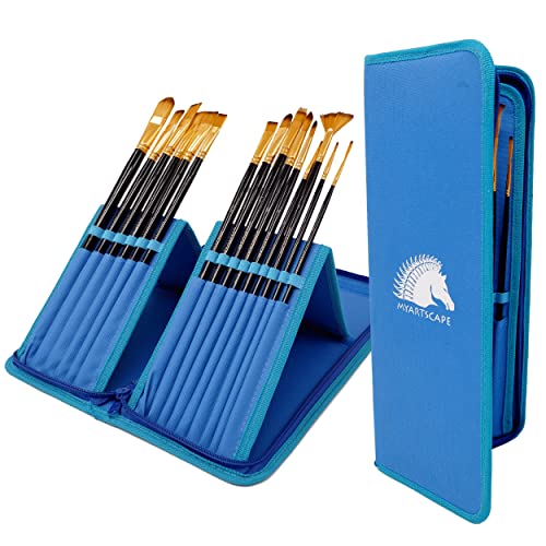 MyArtscape Paint Brushes - 15 Pc Brush Set for Watercolor, Acrylic, Oil & Face Painting | Long Handle Artist Paintbrushes with Travel Holder (Cool Blue) with Gifting Box | Art Supplies