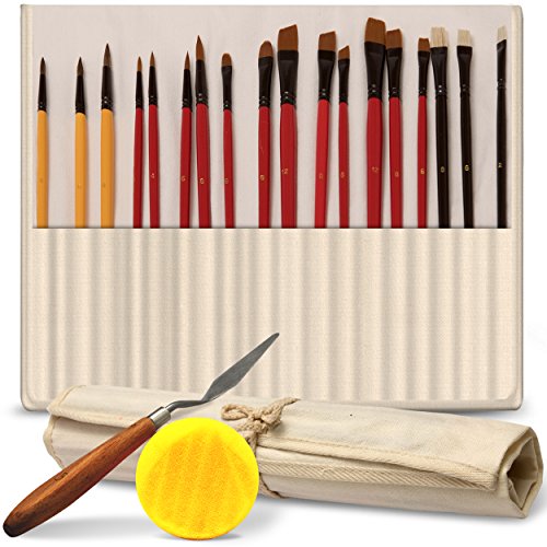 Professional Paint Brush Set of 18 – Bonus Free Painting Knife & Watercolor Sponge – Bristles and Wooden Handles – for Face, Body Paint, Acrylics, Oils – Best Gift for Artists