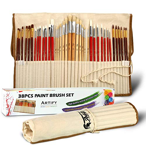 ARTIFY 38 Pieces Paint Brushes, Intermediate Series, Hog Bristle, Horse Hair and Nylon Hairs Art Set Includes a Carrying Canvas Roll, for Acrylic, Oil, Watercolor and Gouache