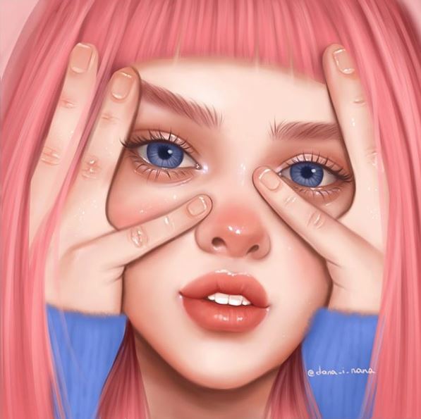 Beautiful digital painting portrait of a girl. Done using digital art, digital painting. Such a cute girl with pink hair!
