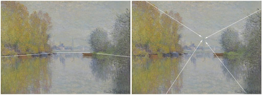 Autumn on the Seine, Argenteuil by Claude Monet, 1873. Examples of implied lines in art and how to use it by famous artists, painters and drawings. Learn more in this article about art and implied lines.