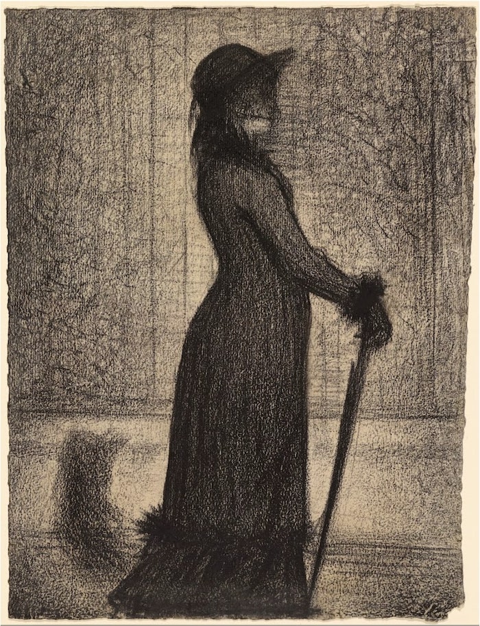 Georges Seurat "Woman Strolling" is a great example of an artist using conte crayons as a drawing medium in his art.