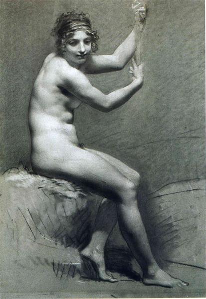 Pierre-Paul Prud'hon, "Drawing of Female Nude with charcoal and chalk", 1800, charcoal and chalk.