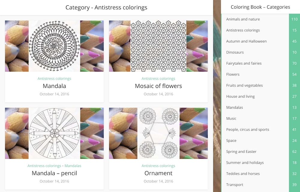 Screenshot of coloring page examples from ColoringBook.pics. Lot's of categories to chose from.