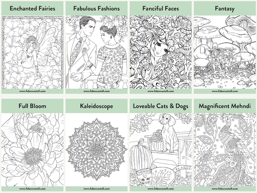 Screenshot of coloring page examples from Faber-Castell. Free coloring pages in all themes! Fashion, animals, love fantasy and more