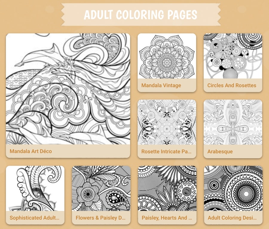 Screenshot of coloring page examples from HelloKids. Adult coloring pages online.