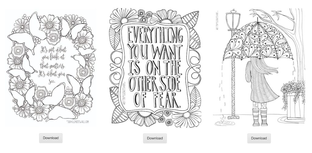 Screenshot of coloring page examples from Judy Clement Wall. Free coloring pages illustrations. so beautiful!