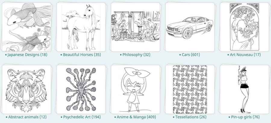 Screenshot of coloring page examples from Super Coloring