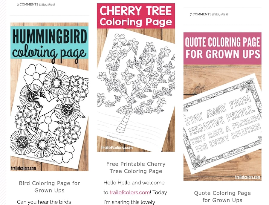 Screenshot of coloring page examples from Trail of Colors. Humming bird, positive quotes, nature coloring pages with lot's of details/