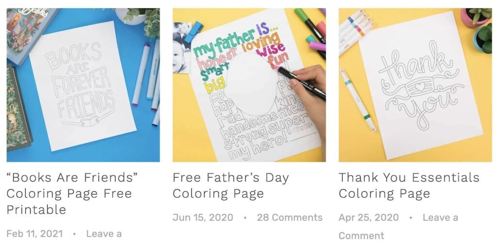 Screenshot of coloring page examples from Tried & True Creative. Coloring calligraphy pages for adults.