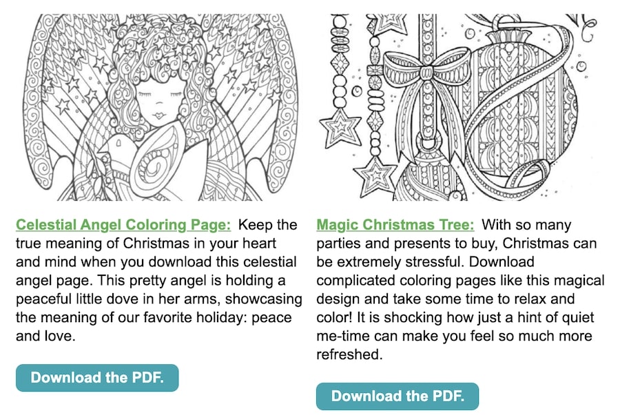 Screenshot of coloring page examples from fave crafts. Angel and christmas coloring pages.