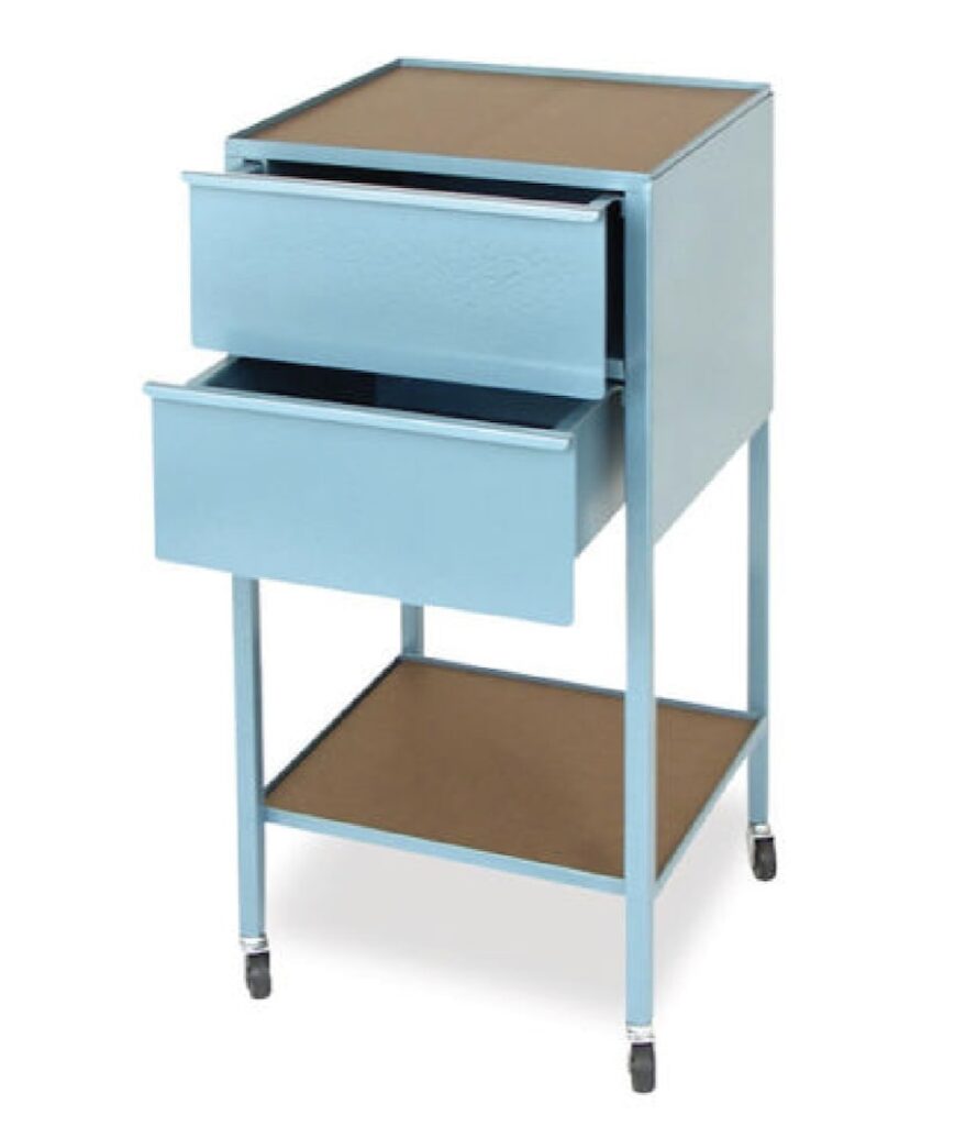 Klopfenstein's industrial-strength taboret was designed to provide years of hard, everyday classroom or studio use. Each taboret is constructed using a heavy-gauge , welded steel frame. This means there's no nuts or bolts to break or work loose over time. Top and lower shelves are hardboard, solidly supported on rigid steel angle iron frames with a 3/8" high lip to keep materials such as a glass palette in place. Spacious all-steel drawers are fitted with stops to prevent them from accidentally being pulled all the way out. Four hard rubber casters attach easily, making this taboret easy to move.  2 Drawer, Horizontal - Drawers measure 6''H × 12''W × 18-1/4''D (15 cm × 30 cm × 46 cm) and are each lockable. Top and lower shelves measure 30''W × 18''D (76 cm × 46 cm). Overall dimensions are 33-1/2''H × 30''W × 18''D (85 cm × 76 cm × 46 cm). Shipping weight is 80 lb (36.3 kg).  2 Drawer, Vertical - Drawers measure 6''H × 14-1/2''W × 18¼''D (15 cm × 37 cm × 46 cm). Top and lower shelves measure 18''W × 18''D (46 cm × 46 cm). Overall dimensions are 36-1/4''H × 18''W × 18''D (92 cm × 46 cm × 46 cm). Shipping weight is 70 lb (31.8 kg).
