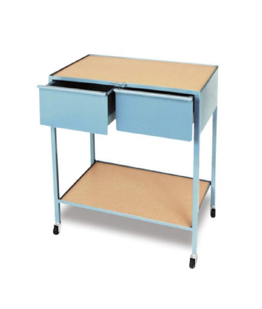 Klopfenstein's industrial-strength taboret was designed to provide years of hard, everyday classroom or studio use. Each taboret is constructed using a heavy-gauge , welded steel frame. This means there's no nuts or bolts to break or work loose over time. Top and lower shelves are hardboard, solidly supported on rigid steel angle iron frames with a 3/8" high lip to keep materials such as a glass palette in place. Spacious all-steel drawers are fitted with stops to prevent them from accidentally being pulled all the way out. Four hard rubber casters attach easily, making this taboret easy to move. 2 Drawer, Horizontal - Drawers measure 6''H × 12''W × 18-1/4''D (15 cm × 30 cm × 46 cm) and are each lockable. Top and lower shelves measure 30''W × 18''D (76 cm × 46 cm). Overall dimensions are 33-1/2''H × 30''W × 18''D (85 cm × 76 cm × 46 cm). Shipping weight is 80 lb (36.3 kg). 2 Drawer, Vertical - Drawers measure 6''H × 14-1/2''W × 18¼''D (15 cm × 37 cm × 46 cm). Top and lower shelves measure 18''W × 18''D (46 cm × 46 cm). Overall dimensions are 36-1/4''H × 18''W × 18''D (92 cm × 46 cm × 46 cm). Shipping weight is 70 lb (31.8 kg).