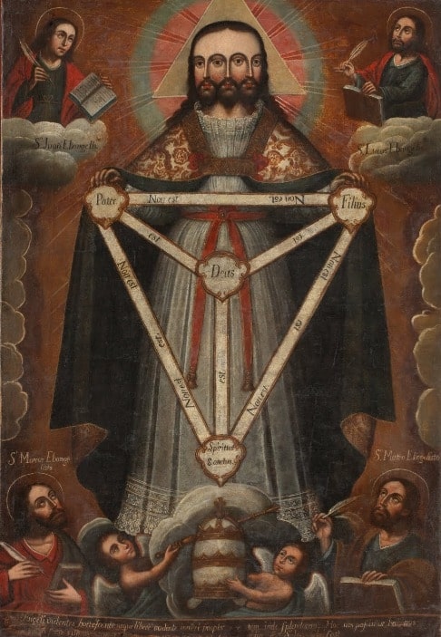 Trifacial Trinity by an unknown artist was created around 1750-1770. It’s a religious painting that uses bilateral symmetry to add a feeling of order and emphasize the central holy figure. The central figure has three faces that are perfectly symmetrical in relation to the central axis, and the rest of the body is also balanced. Even the secondary small figures, meant to underline how important and mighty the central one is, are placed at the exact distances from the axis. They don’t look identical but are quite similar, and their locations feel symmetrical.