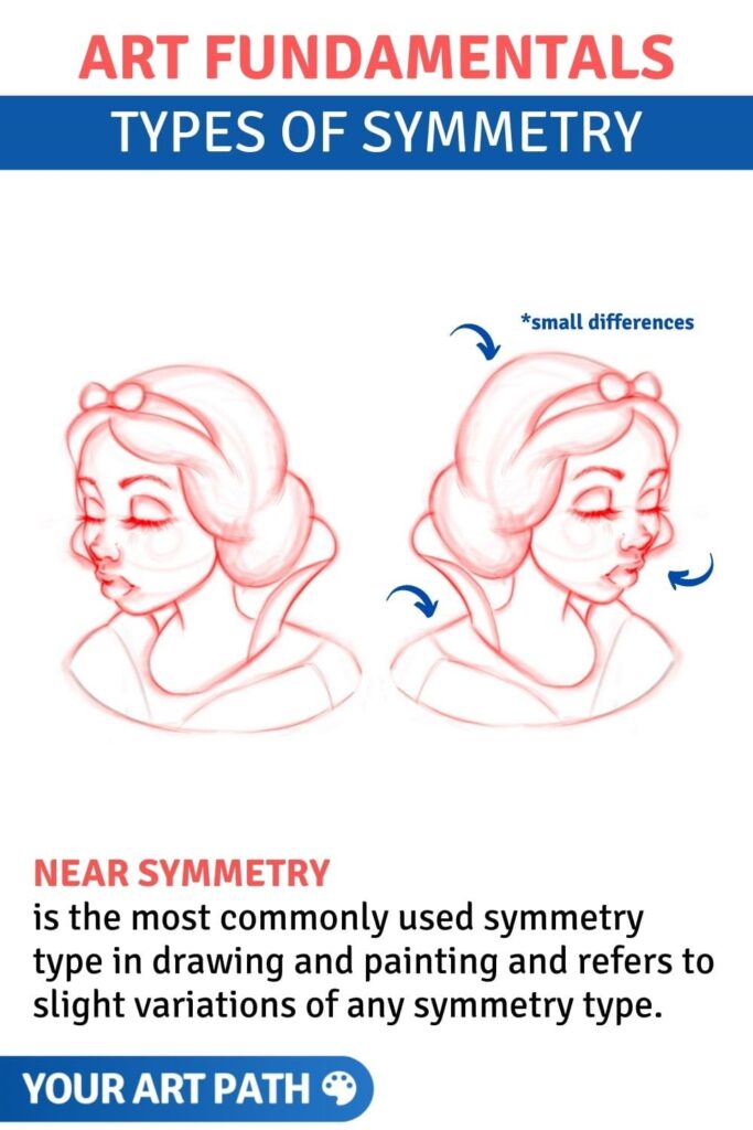 Near symmetry is the most commonly used symmetry type in drawing and painting and refers to slight variations of any symmetry type. Think of it as any of the earlier types of symmetry we discussed, but with slight imperfections. When drawing portraits or character design sheets, you use near symmetry most of the time, without even realizing it. Whenever you try to draw anything symmetrical using your own judgement, you rely on near symmetry since you are satisfied when it looks close enough and not with mathematical precision.