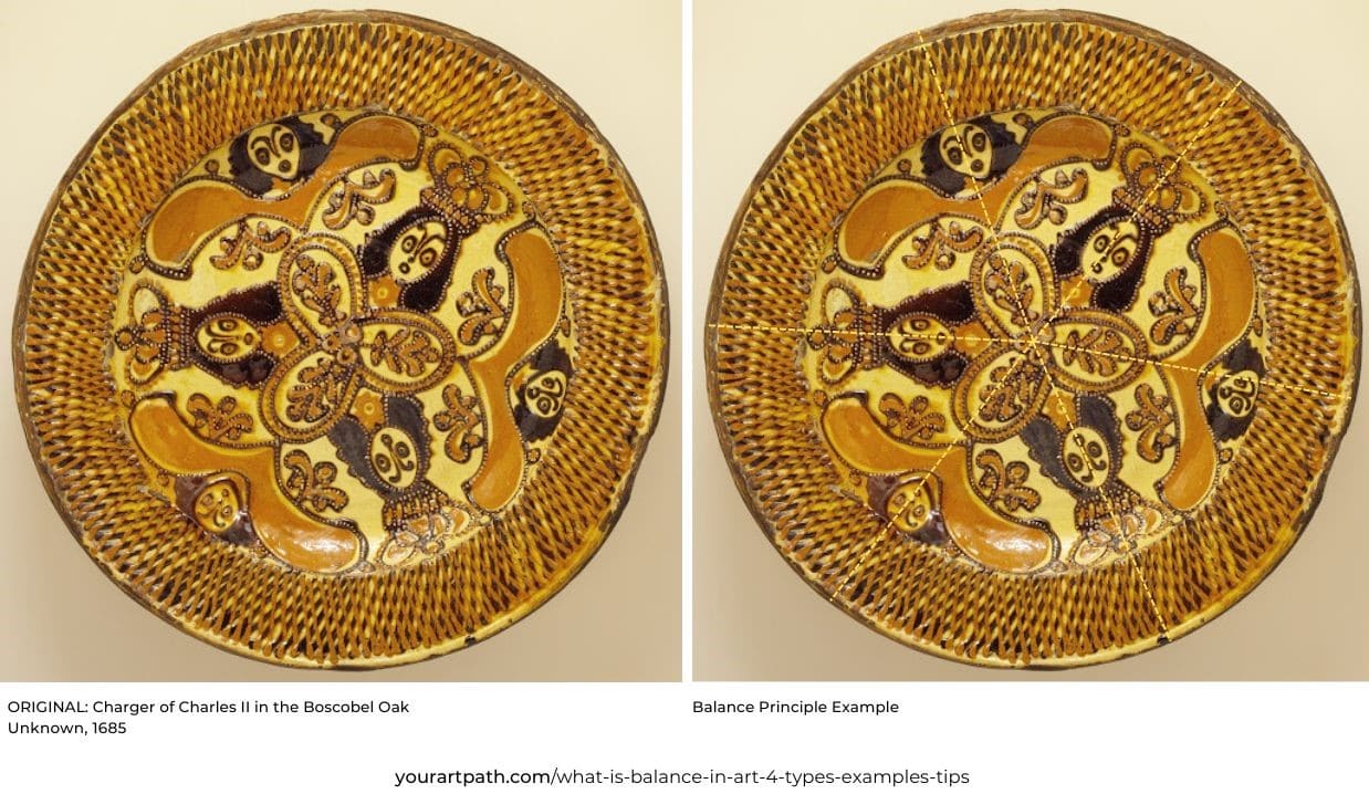 Charger of Charles II in the Boscobel Oak by Unknown, created around 1685, shows radial art balance in an artwork located on a circular piece of earthenware