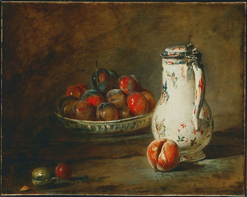 Example of emphasis in art - A Bowl of Plums (1728) by Jean-Baptiste Simeon Chardin. still life painting.