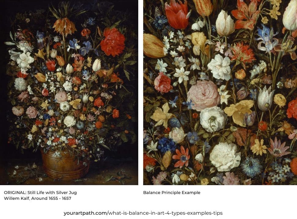 Flowers in a Wooden Vessel by Jan Brueghel the Elder (around 1606) can be considered an example of crystallographic balance.
