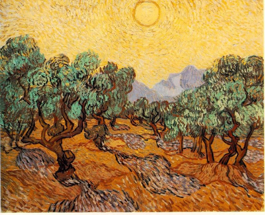 Olive Trees with yellow sky and sun by Vincent Van Gogh (1889) via WikiCommons