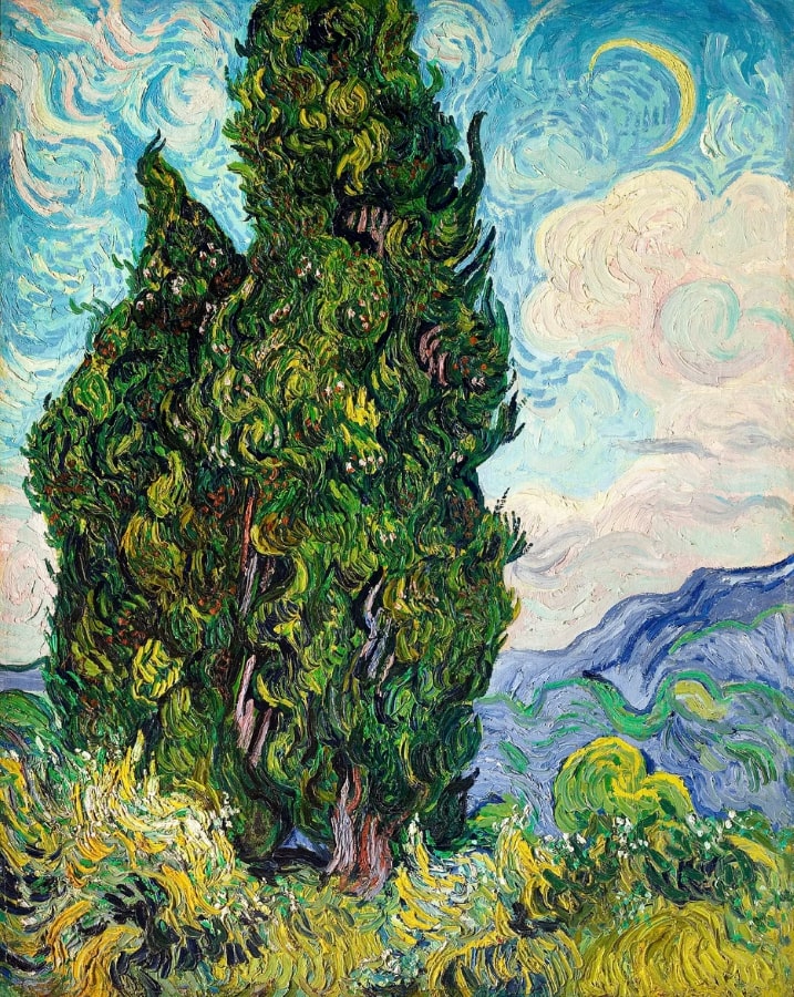 Cypresses by Vincent van Gogh (1889) via WikiCommons