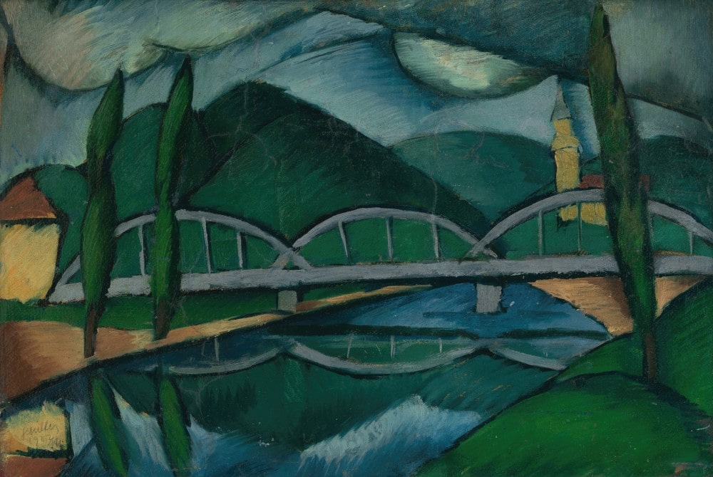 Gejza Schiller's painting “Landscape with a bridge” is composed entirely of identifiable shapes. The contrasting subjects of the round shapes and the more angular forms leave an impactful impression.