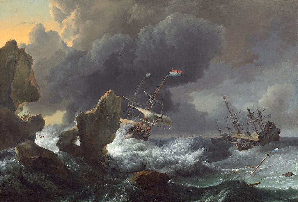 Ships in Distress off a Rocky Coast (1667) by Ludolf Backhuysen. Public domain, via Wikimedia Commons