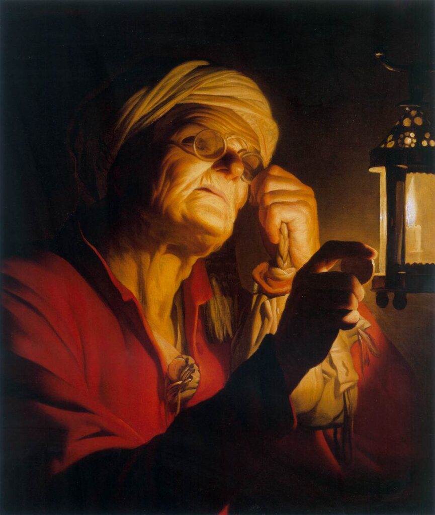 In comparison, Gerard Van Honthorst’s “Old Woman Examining a Coin''demonstrates a high value contrast painting, as the values of light and dark are extremely apparent here.