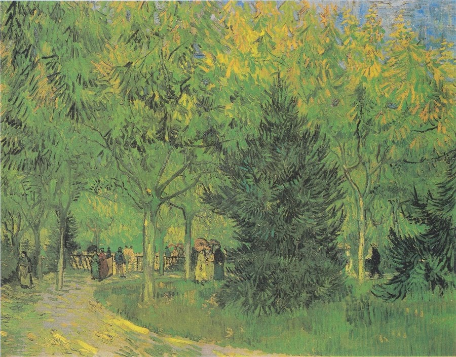 Van Gogh's painting "Path in the Park of Arles with Walkers"is one example that illustrates the beauty within monochromatic artworks. Because green is the primary color used, it can be considered as a low color contrast painting.