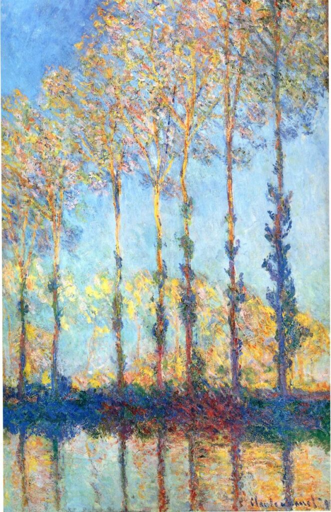 A great example of regular rythm in paintings is " A Row of Poplar Trees Line the River Epte" (1819) by Claude Monet