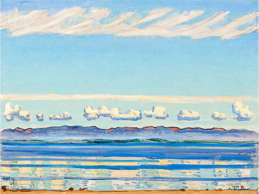 On Lake Geneva: Landscape with Rhythmic Shapes (1908) by Ferdinand Hodler  features a clear illustration of a regular rhythm by using repeating geometric and organic shapes in a predictable pattern. 