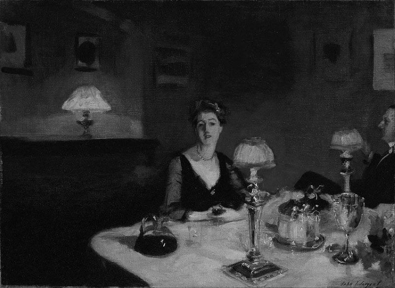 example of value in art: A Dinner Table at Night by John Singer Sargent. 1884. (digitally modified to showcase values)
