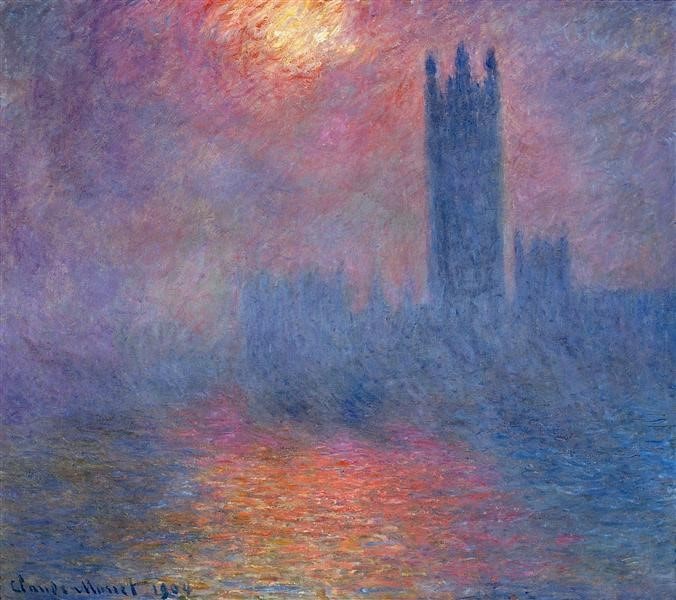 Claude Monet - Houses of Parliament, London, Sun Breaking Through Fog - 1904, as an example of a Tetradic color scheme