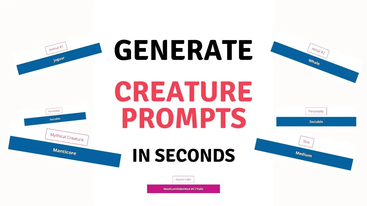 Creature Art Prompts Generator for Design and Concept art. including farm and wil animals, mythical creatures, size, personality and color.