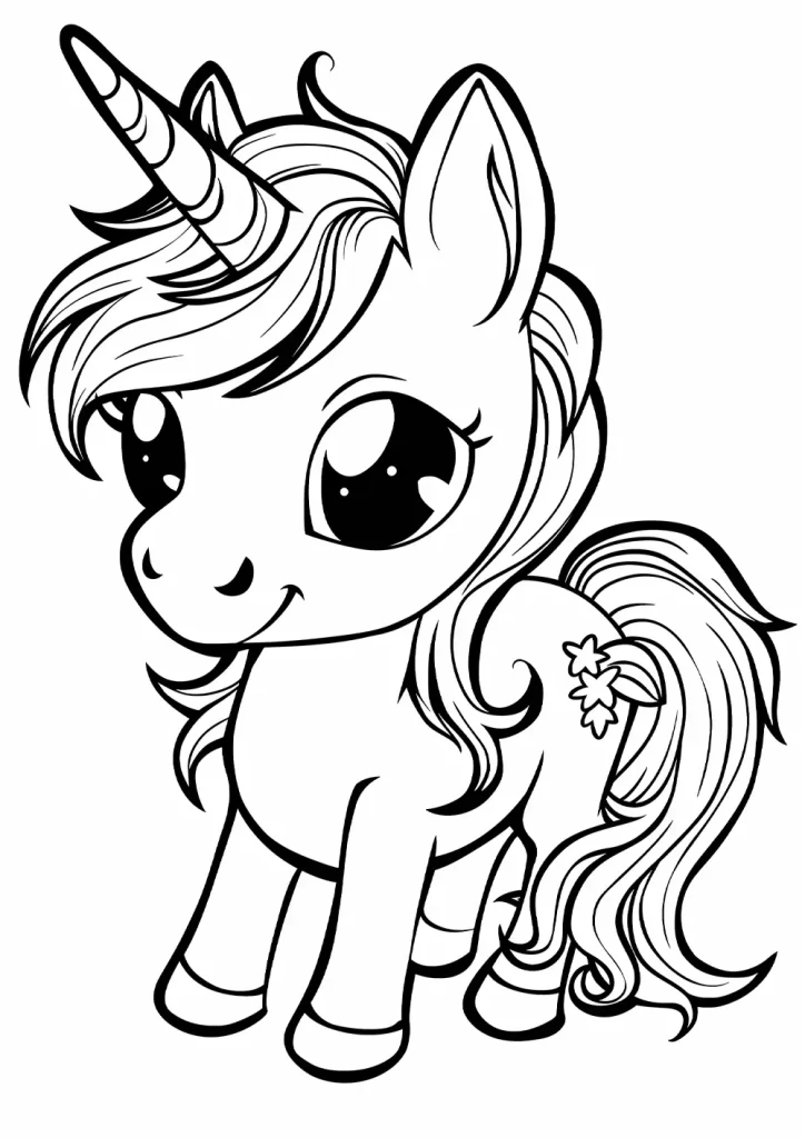 Black and white line drawing of a cute unicorn with a flowing mane and tail, large expressive eyes, and a single spiraled horn. The unicorn also has a small flower decoration on its rear. Free Coloring Page for adults and kids.