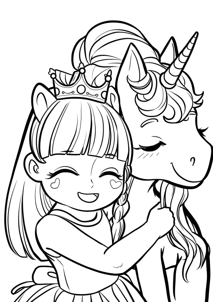 Black and white line art of a smiling young girl with heart-shaped cheeks, hugging a happy unicorn wearing a crown. The girl has braided hair and the unicorn features detailed wavy mane and a spiraled horn. Free Coloring Page for adults and kids.