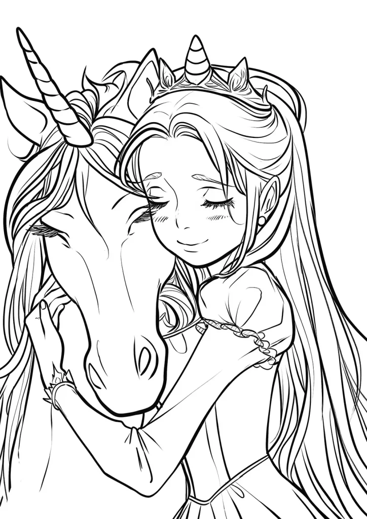 Line drawing of a smiling young girl with long hair and a crown, affectionately embracing a unicorn whose head also bears a crown. Both characters have closed, peaceful expressions. Free Coloring Page for adults and kids.