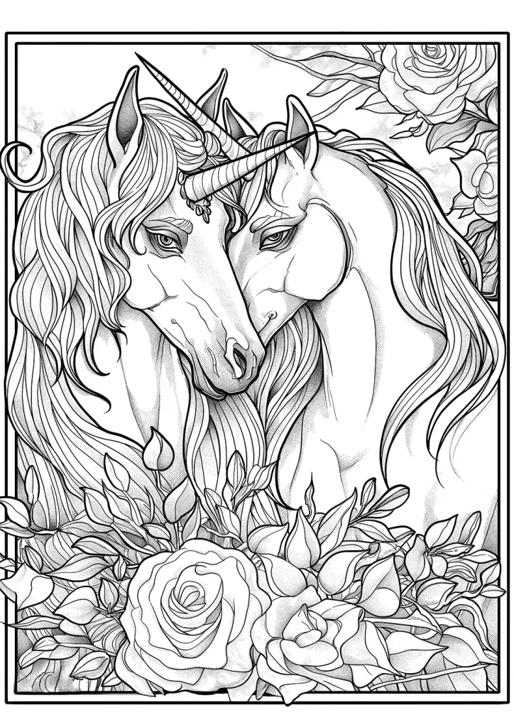 Black and white illustration of two unicorns with interlocked heads surrounded by decorative flowers, including prominent roses, in a framed design. Free Coloring Page for adults and kids.