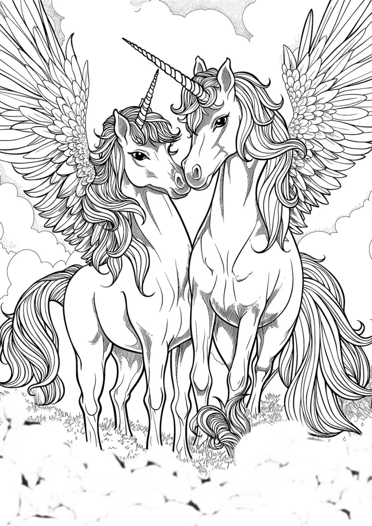 Black and white illustration of two majestic unicorns, one with expansive wings, standing amid clouds with intricate details on their manes, wings, and spiral horns. Free Coloring Page for adults and kids.