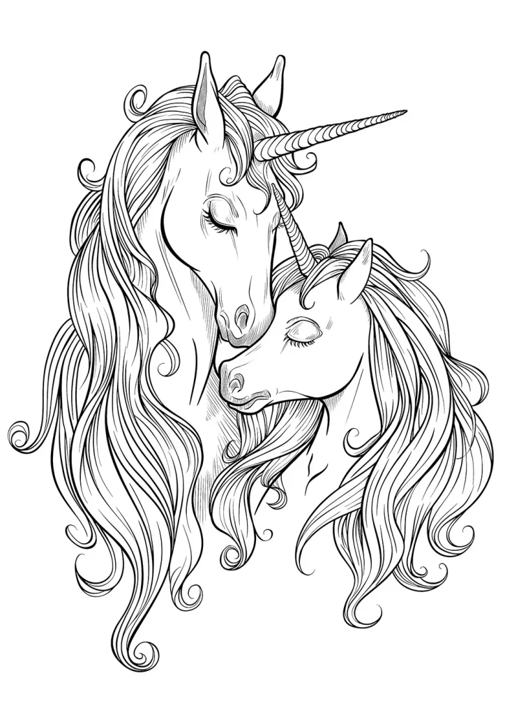 Two unicorns with flowing manes, one larger and one smaller, affectionately touching foreheads with their single spiral horns visible. Free Coloring Page for adults and kids.