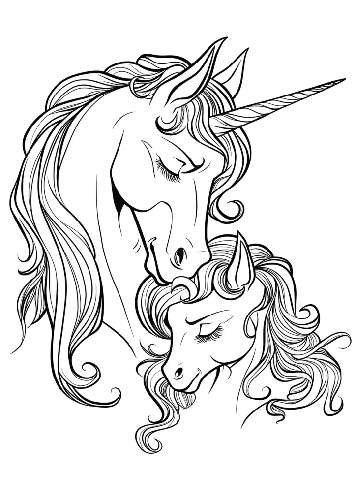 Black and white illustration of two unicorns, an adult and a foal, with their heads close together in a tender moment, both featuring long flowing manes and a single prominent horn on their foreheads. Free Coloring Page for adults and kids.