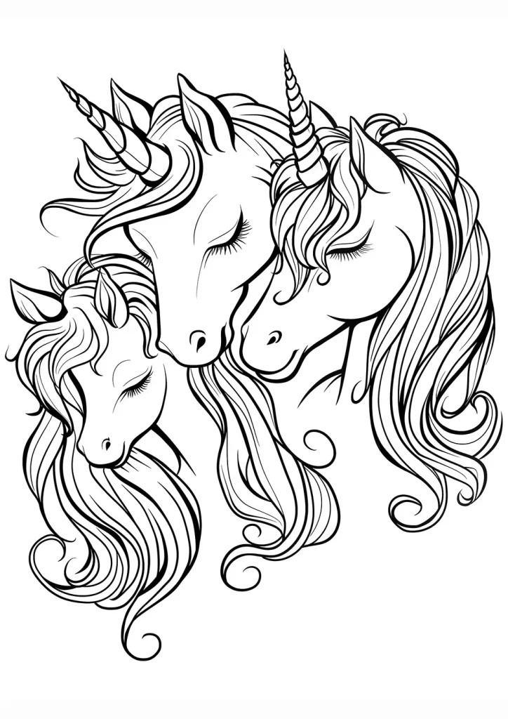 Line art illustration of three unicorns with flowing manes and spiraled horns, their heads close together in a peaceful, affectionate pose. Free Coloring Page for adults and kids.