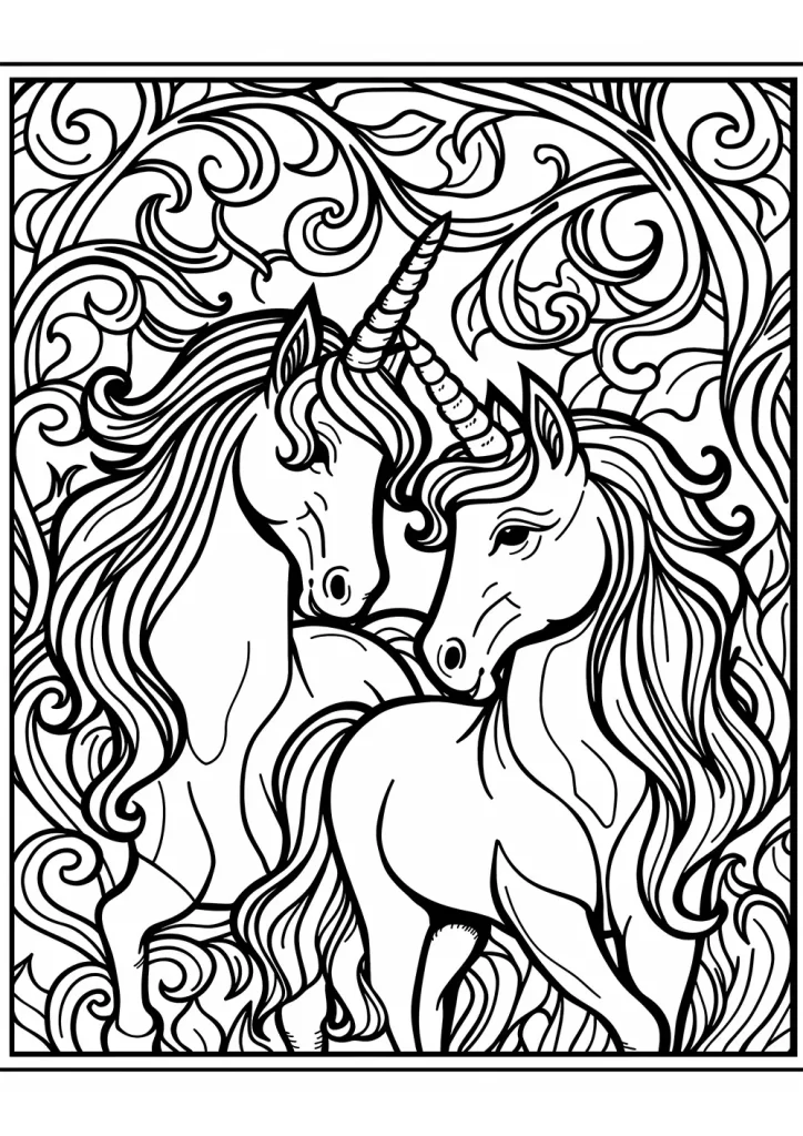 Black and white intricate line art of two horses, one with a spiraled unicorn horn, set against a swirling, detailed background. Free Coloring Page for adults and kids.
