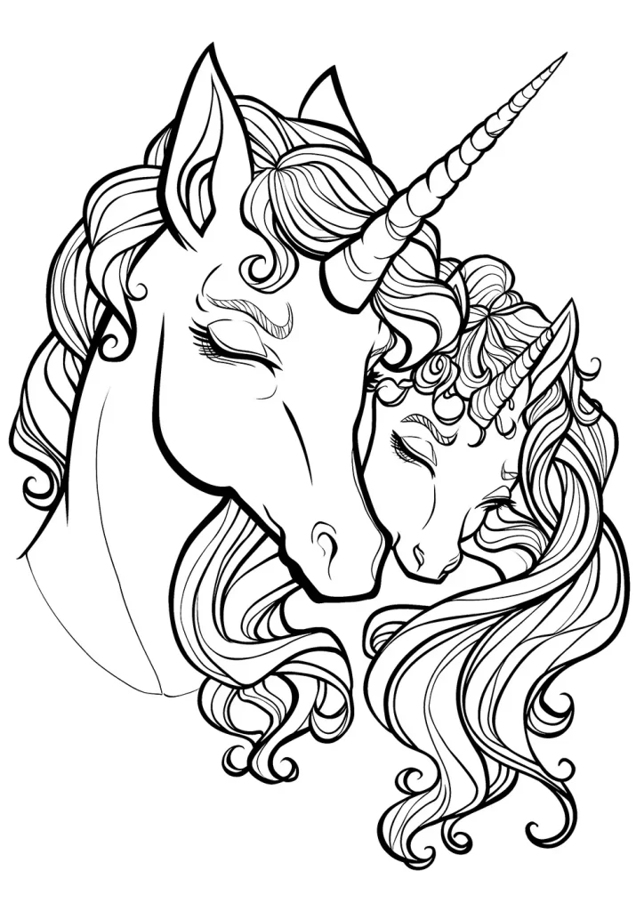 Black and white line drawing of two unicorns with gracefully intertwined necks and flowing, curly manes, highlighting one larger unicorn with eyes closed and a smaller one appearing serene and gentle. Free Coloring Page for adults and kids.