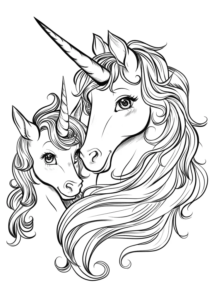 Black and white illustration of two unicorns, one adult and one young, with detailed flowing manes and spiral horns. Free Coloring Page for adults and kids.