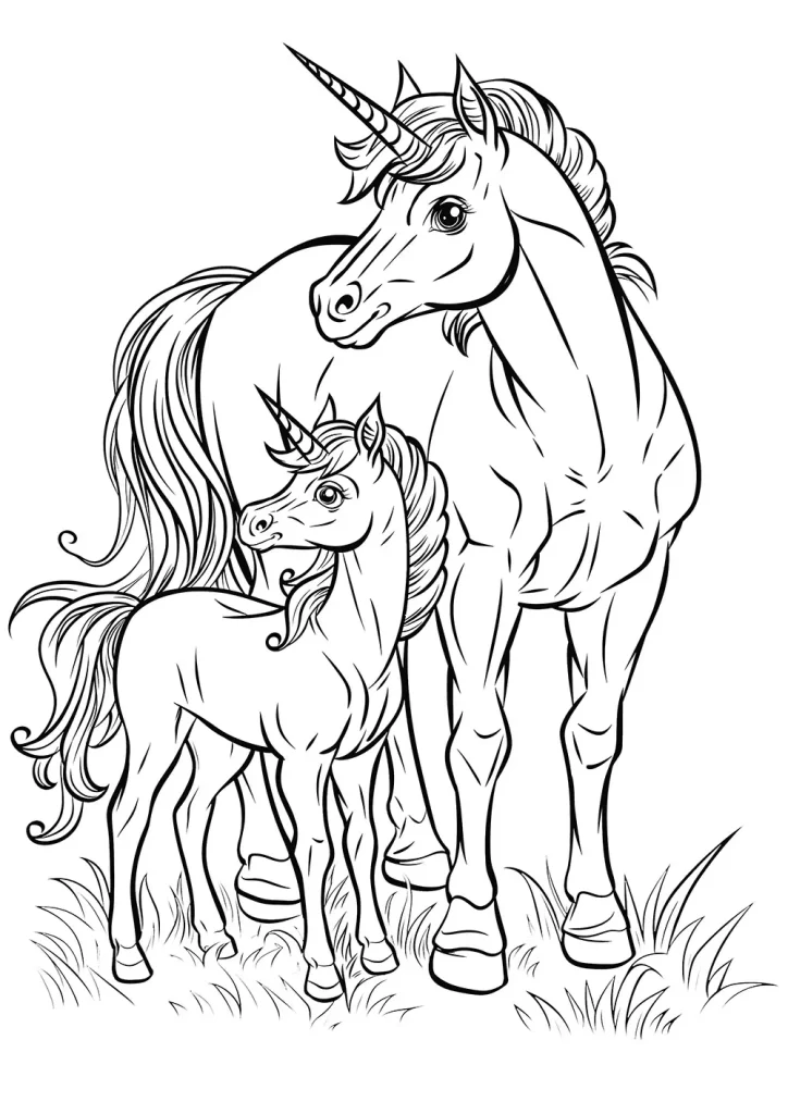 Line drawing of two unicorns, an adult and a foal, standing in grass, both featuring flowing manes and twisted horns. Free Coloring Page for adults and kids.