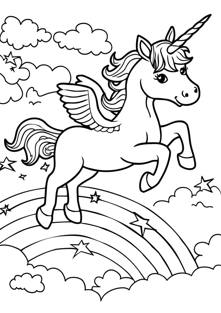 Black and white line art illustration of a cheerful unicorn with wings, prancing on a rainbow amidst clouds and stars, suitable for coloring. Free Coloring Page for adults and kids.