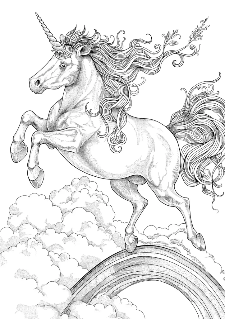 Detailed black and white illustration of a majestic unicorn with flowing mane and tail, leaping above a cloud-covered rainbow. Free Coloring Page for adults and kids.